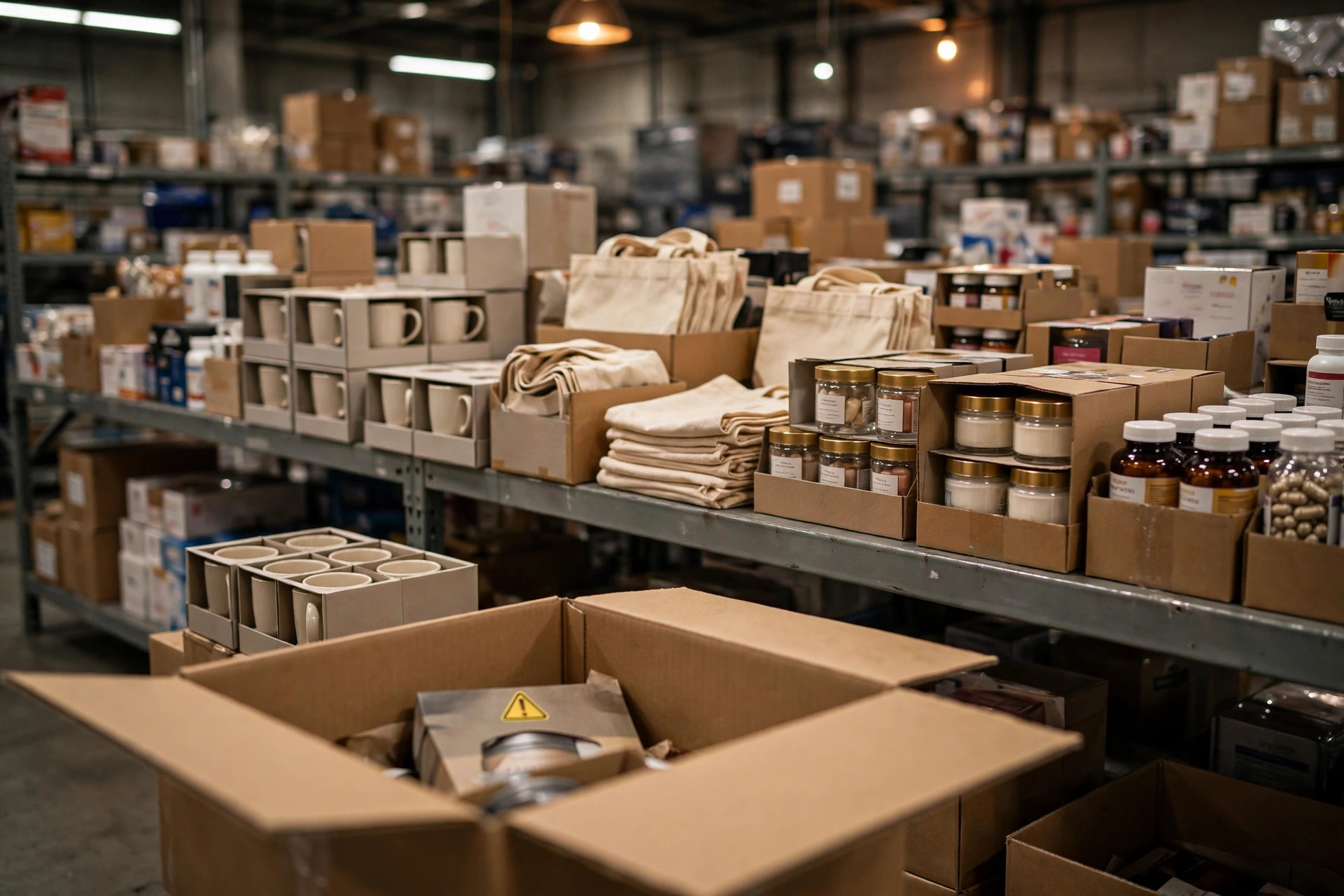 E-commerce warehouse shelf of boxed consumer products with a yellow-triangle warning label visible on packaging in an open box