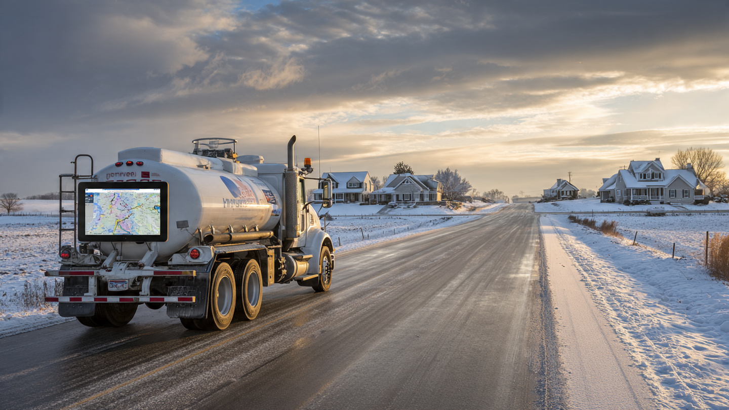 White propane delivery bobtail truck on a snowy rural road with dashboard route display