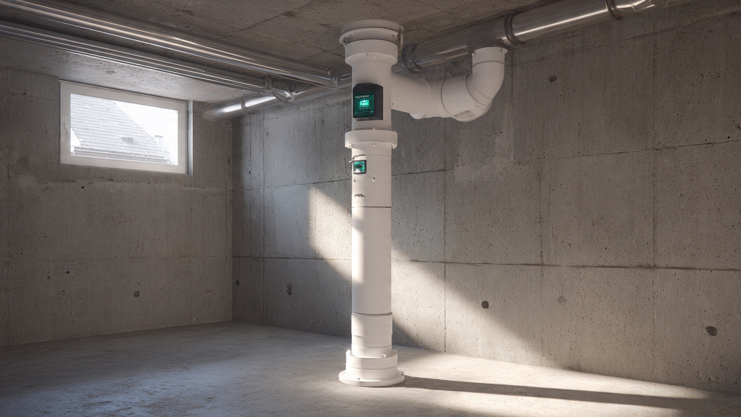 Residential basement showing a radon mitigation pipe with a wireless IoT sensor
