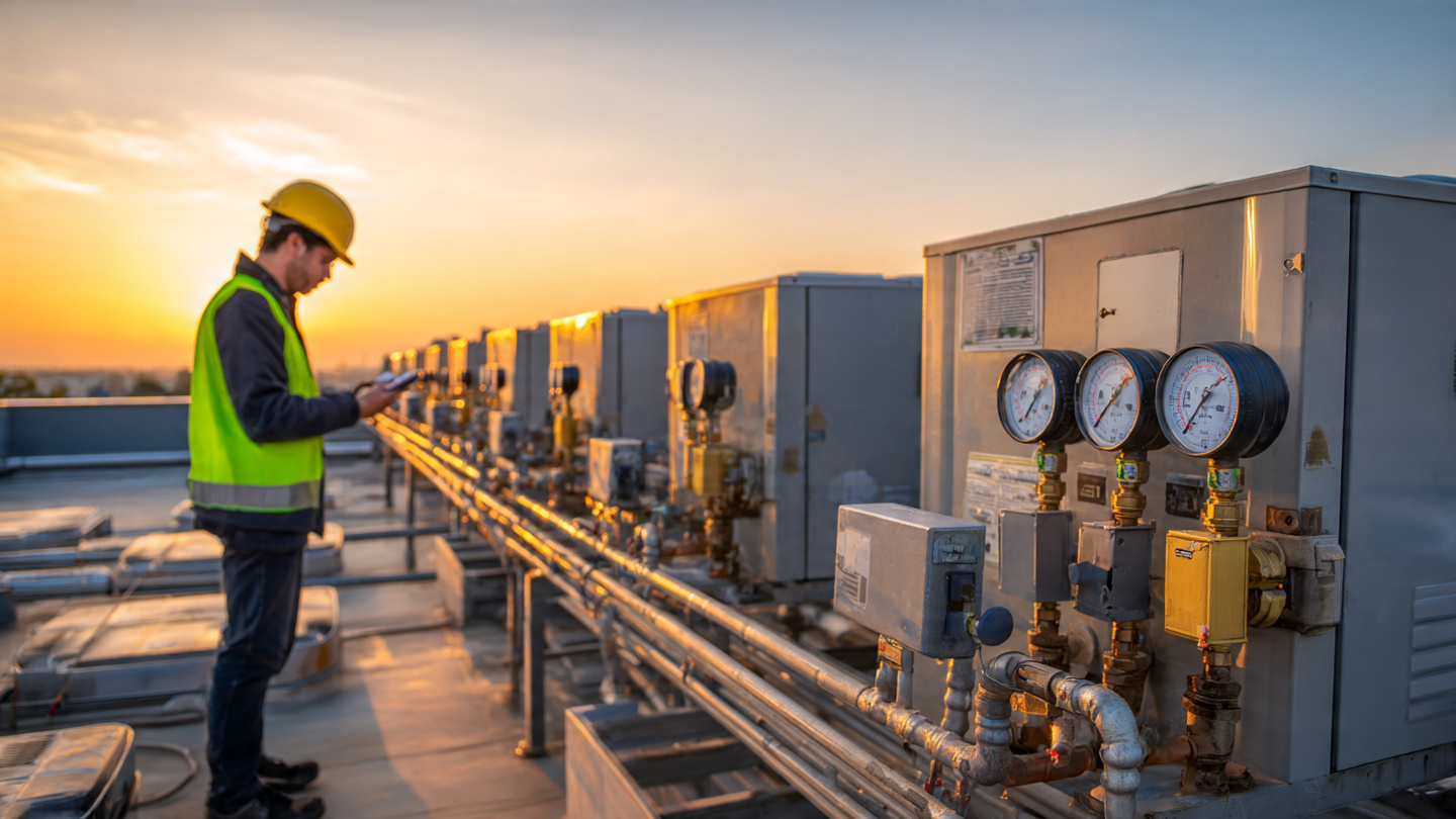 HVAC technician checking refrigerant gauges on commercial rooftop unit