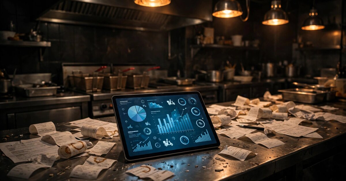 A restaurant kitchen counter with a tablet showing delivery order commission data, receipts scattered nearby, warm ambient lighting