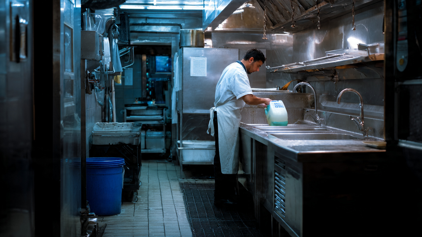 Commercial kitchen dishwashing area showing a stainless steel grease trap under the sink with a worker managing used cooking oil