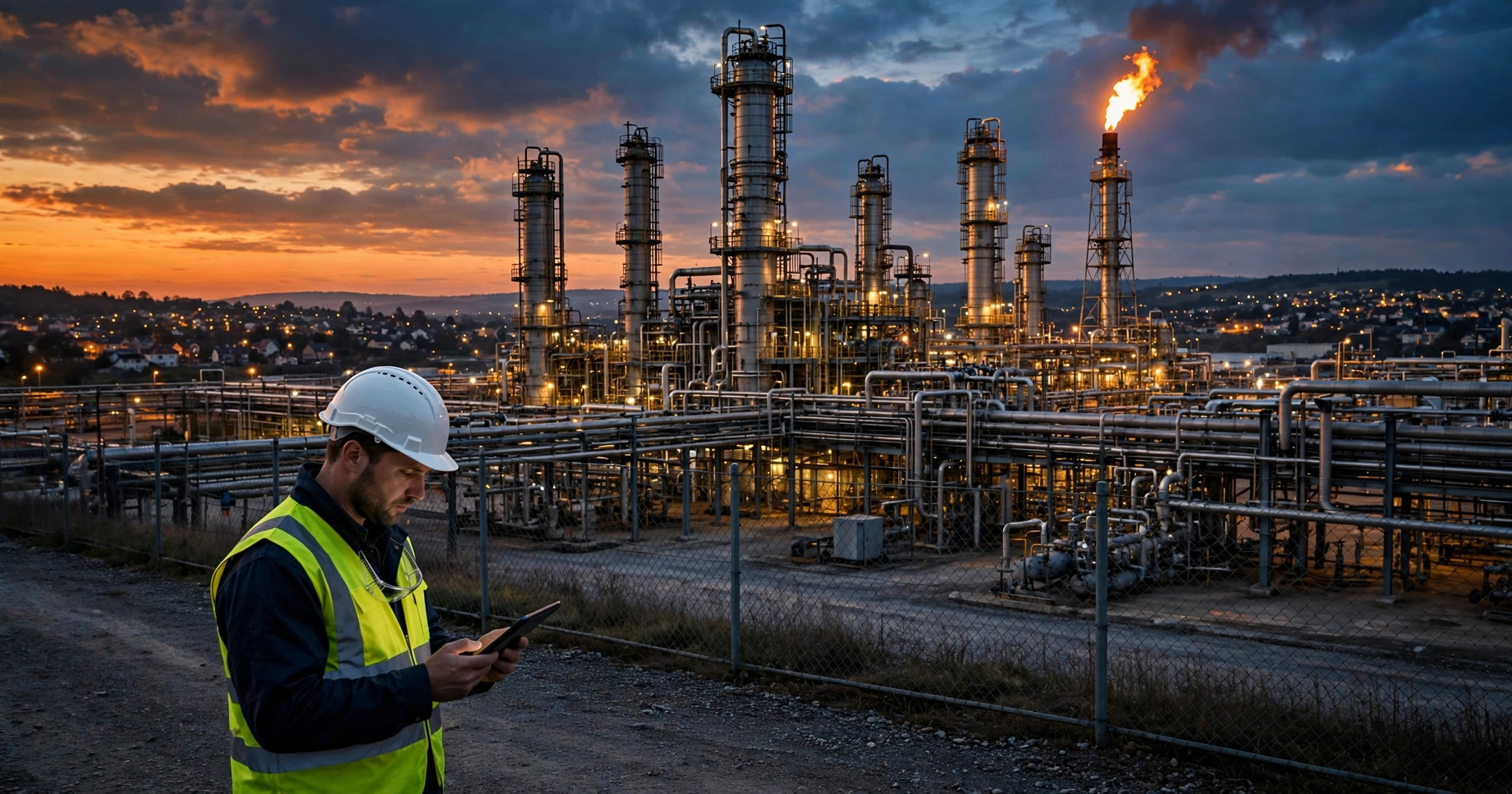 A petrochemical refinery at dusk with distillation columns and flare stacks, an engineer in a hard hat reviewing a tablet in the foreground, and a small town visible on the horizon beyond the fence line