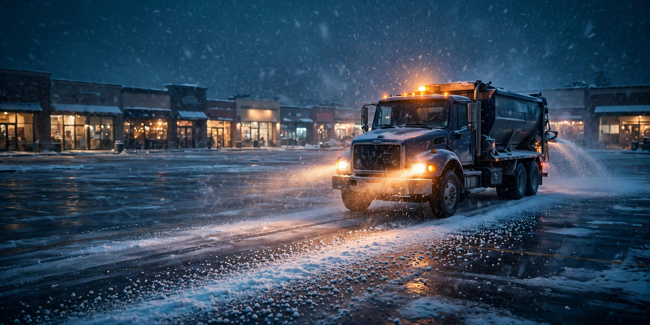 A salt spreader truck salting a large commercial parking lot at night during a snowstorm, headlights cutting through falling snow, with a data overlay showing application rate per lane