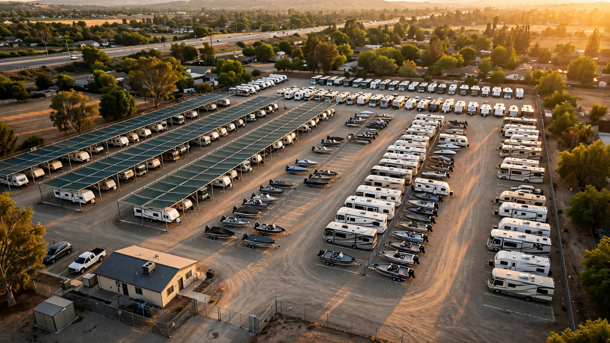 Aerial view of an RV and boat storage facility at golden hour with rows of motorhomes, travel trailers and boats in organized lanes
