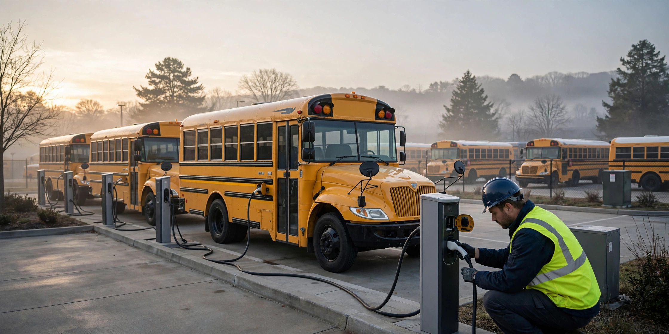 Yellow electric school buses parked at a depot at dawn, charging cables connected, a technician inspecting a curbside DC fast charger