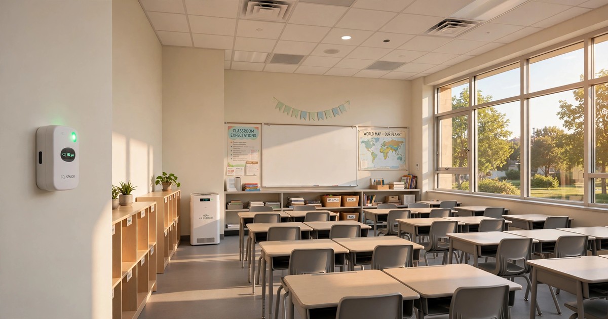 Modern elementary school classroom with wall-mounted CO2 sensor, ceiling HVAC vents, and air purifier unit in natural light