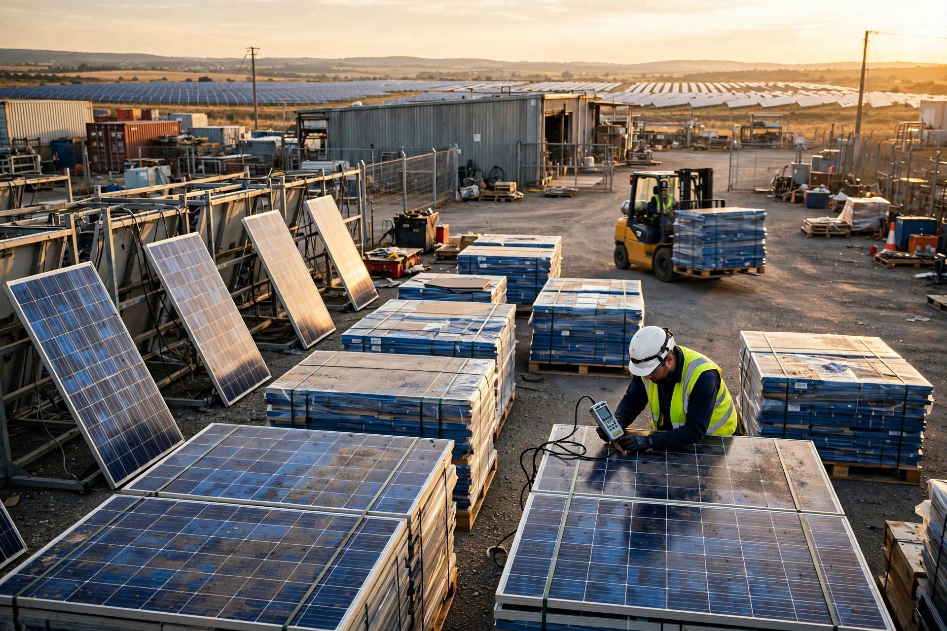 Worker testing decommissioned solar panels stacked on pallets in a warehouse yard at sunset