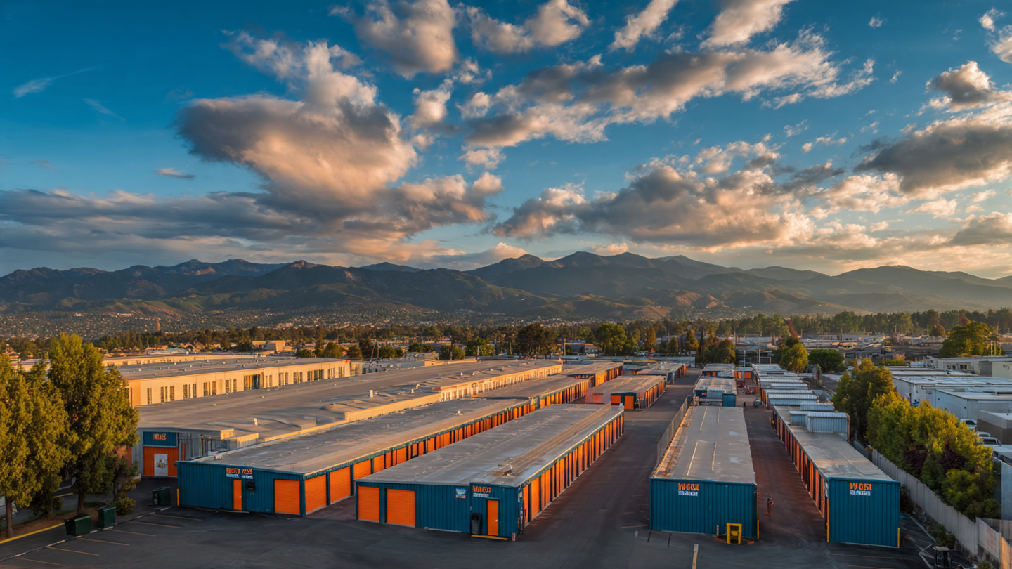 Self-storage facility at golden hour with dynamic pricing display