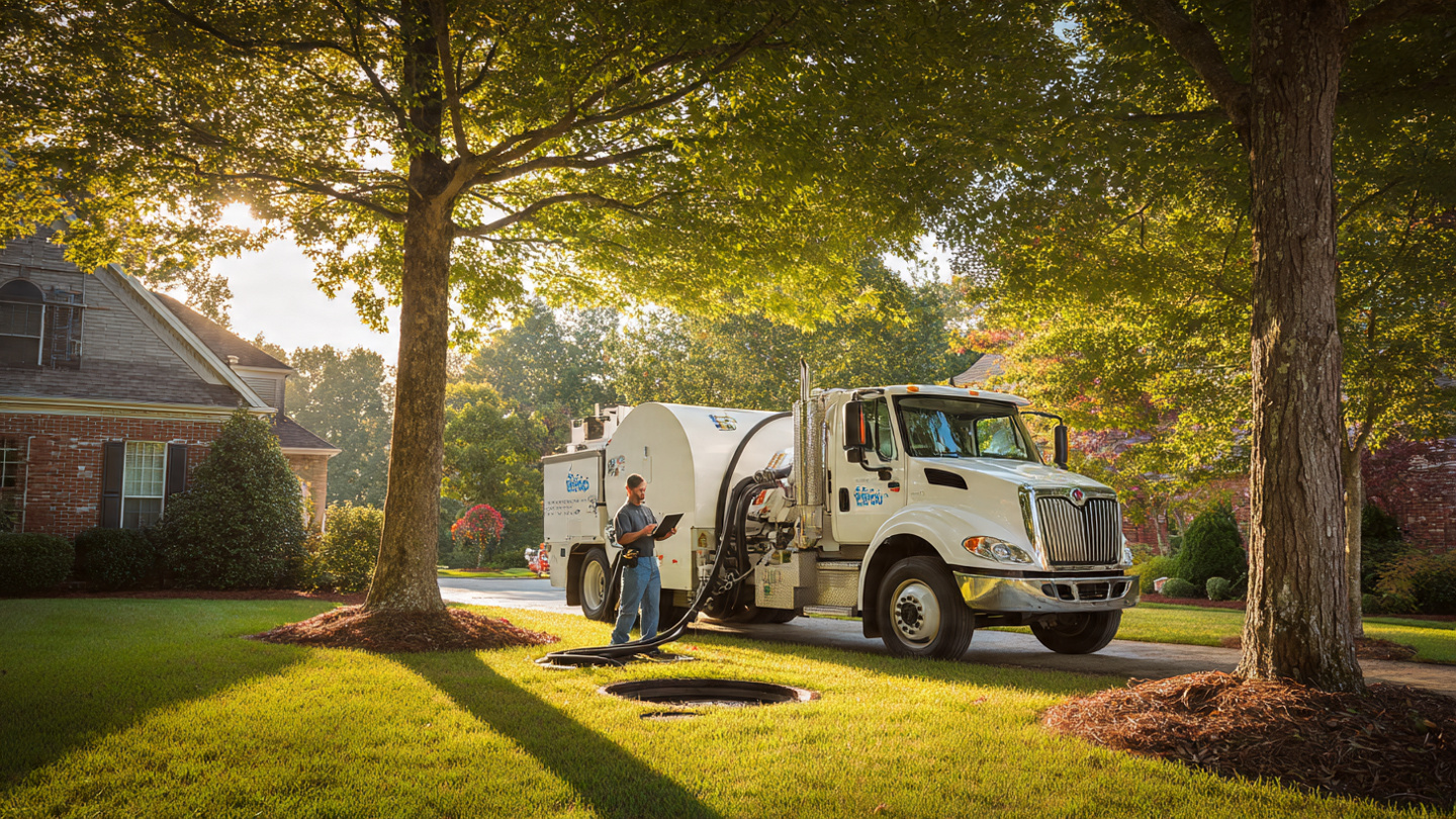 Septic service technician using a digital tablet at a residential property during a system inspection