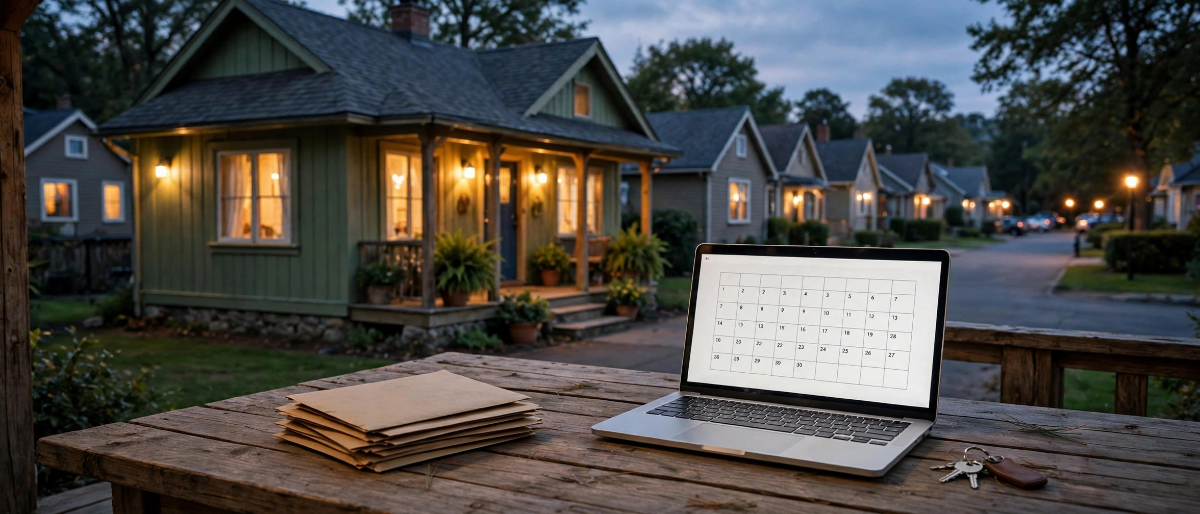 A cozy vacation rental cottage at dusk with warm lights in the windows, envelopes and a laptop showing a calendar on a wooden porch table