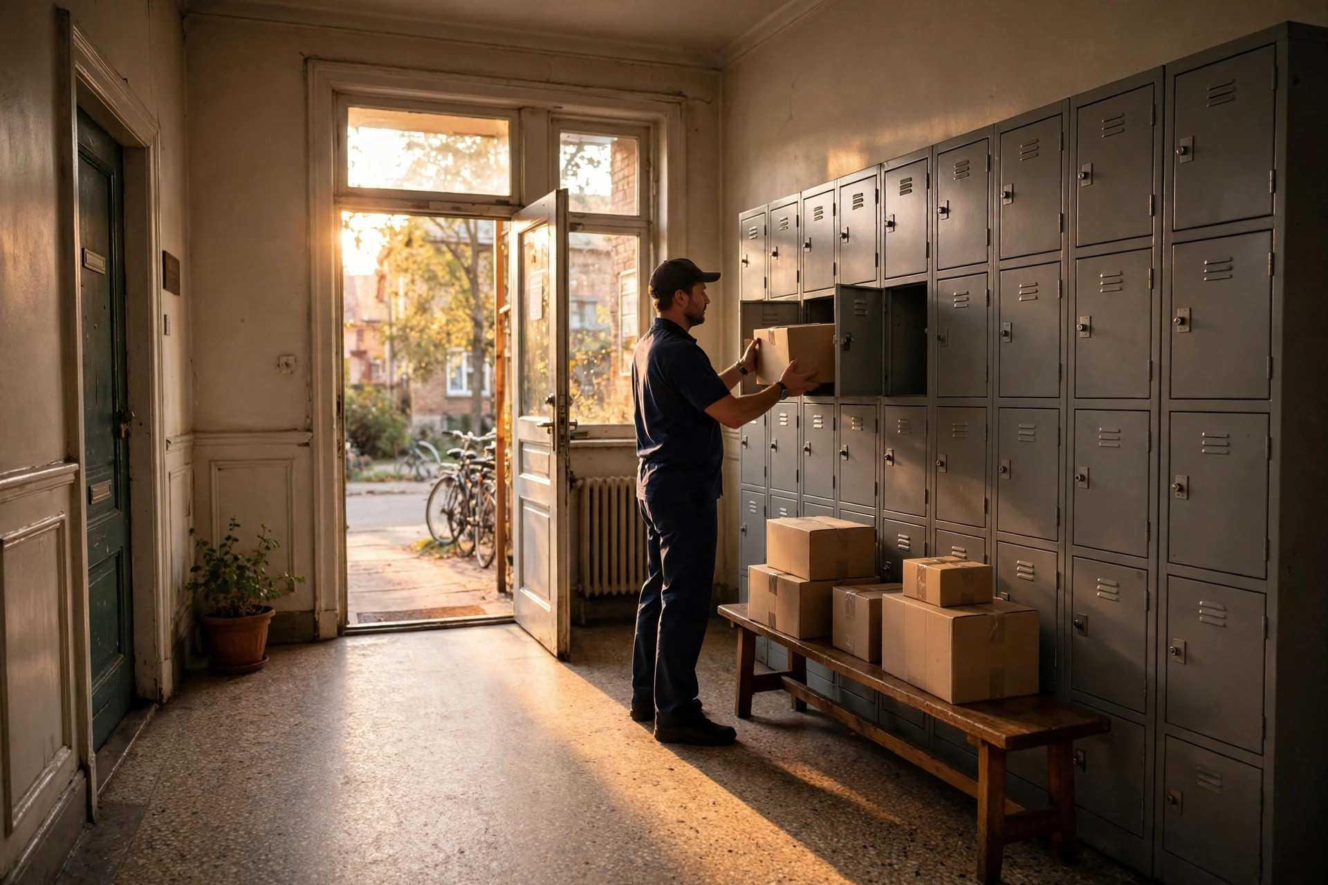 A delivery driver placing a cardboard box into an open compartment of a gray parcel locker bank in a small apartment building lobby, with stacked packages on a bench nearby