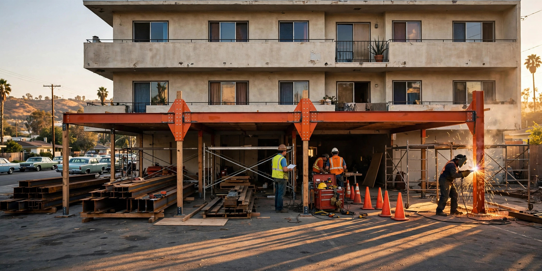 A 1960s Los Angeles dingbat apartment building with tuck-under parking, steel moment frames being installed in the open ground floor by a retrofit crew at golden hour