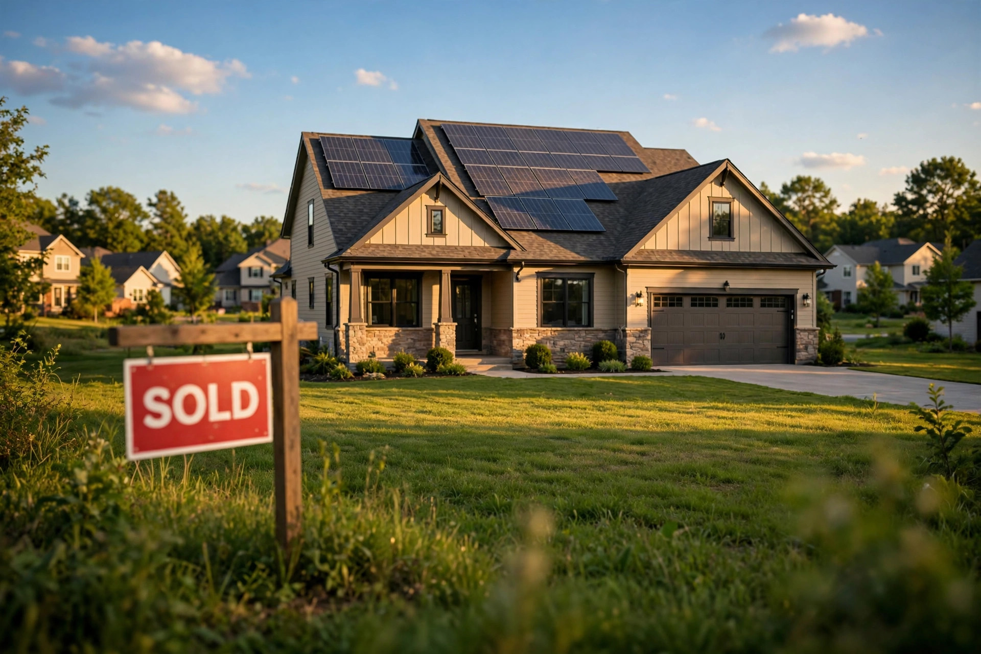 Suburban home with rooftop solar panels at golden hour, a red SOLD real estate sign in the front yard in the foreground