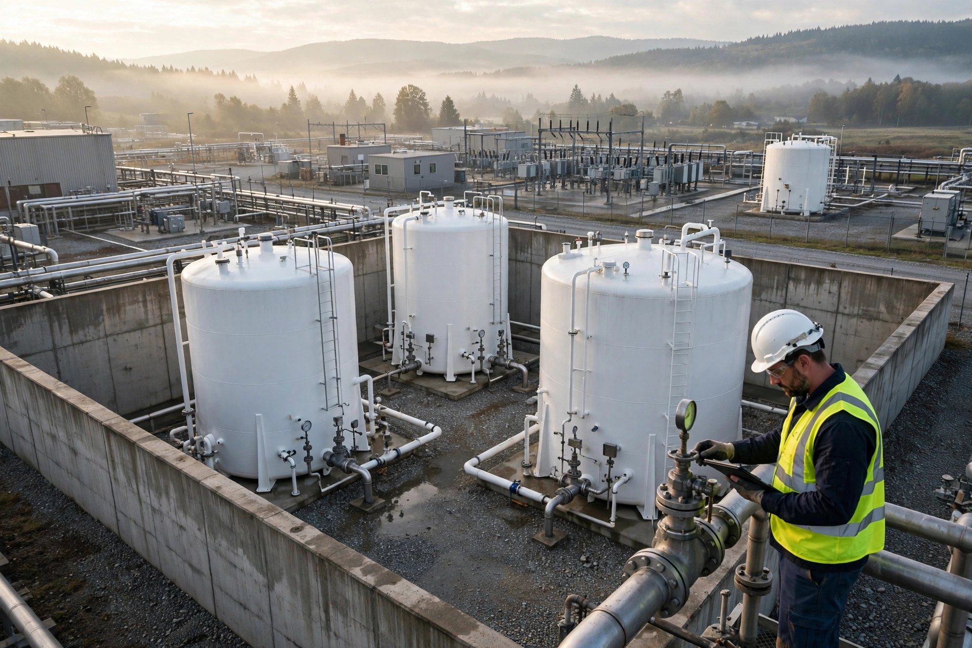 Industrial aboveground diesel storage tanks inside concrete secondary containment with technician inspecting valve with tablet
