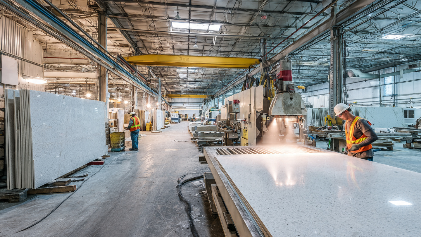 Interior of a stone countertop fabrication shop with workers cutting engineered quartz slabs on CNC bridge saws, water spray and dust particles visible in industrial light