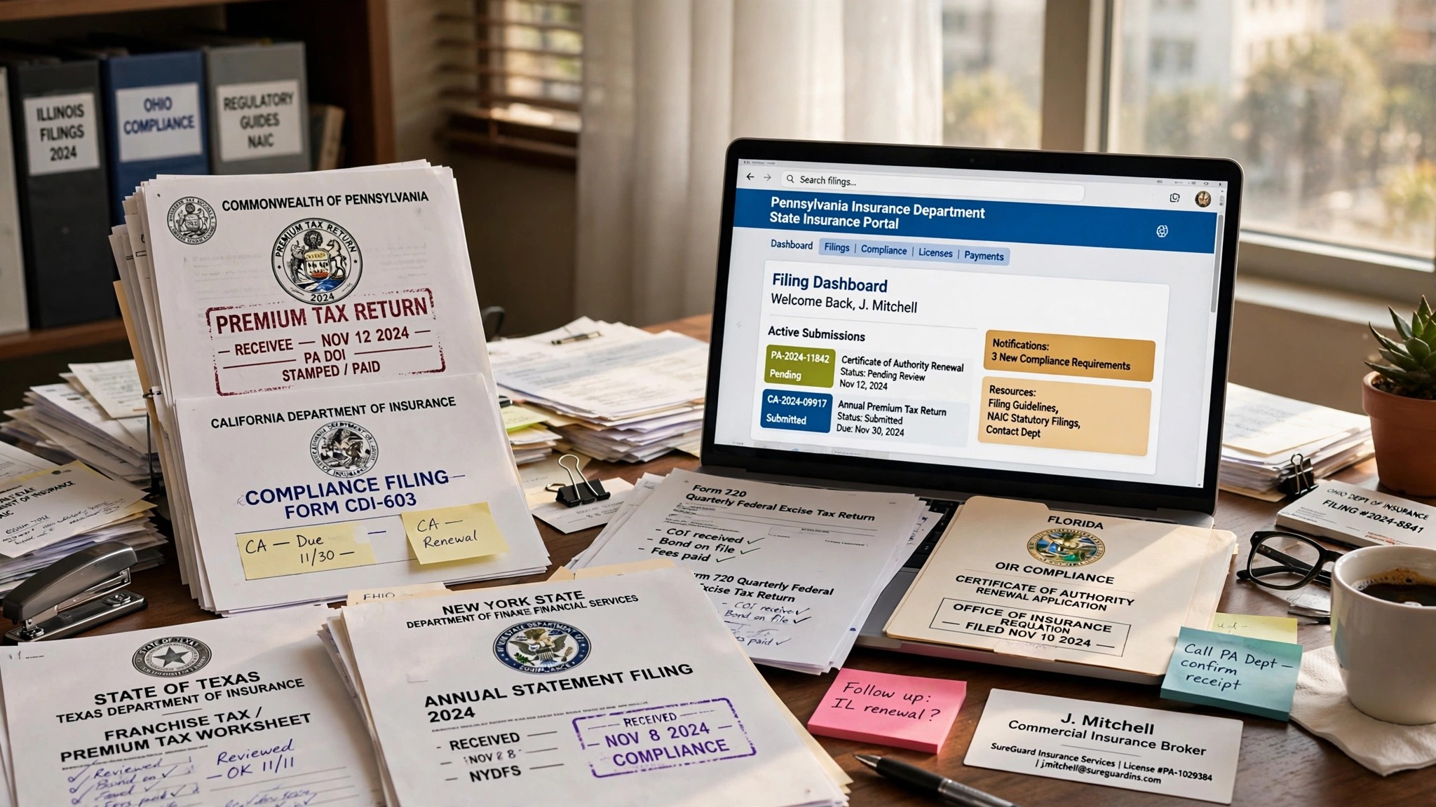 Insurance broker desk with multi-state compliance paperwork and filing forms from different state stamping offices