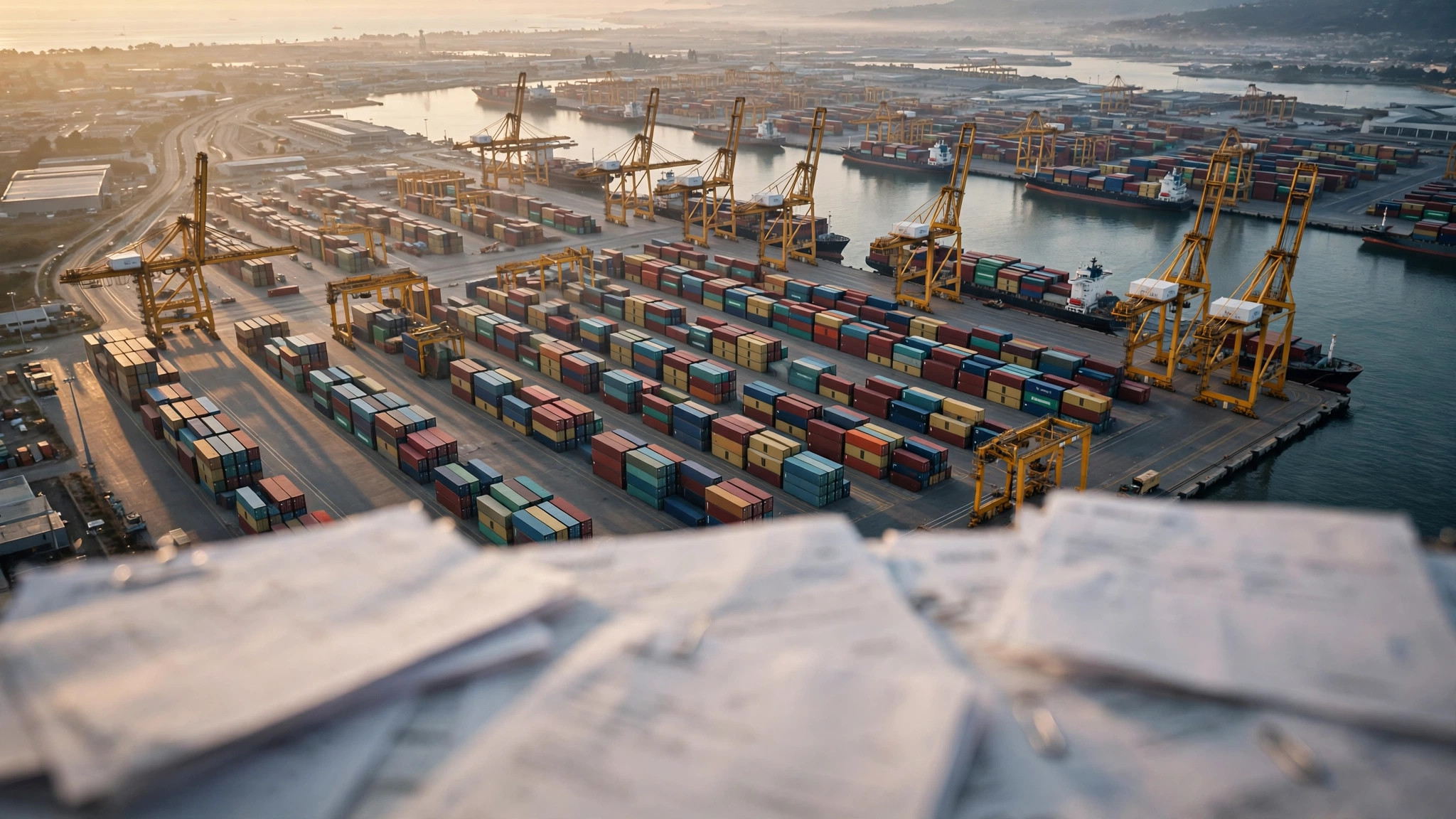 Aerial view of a container port at dawn, stacked shipping containers and gantry cranes, with blurred customs paperwork in the foreground