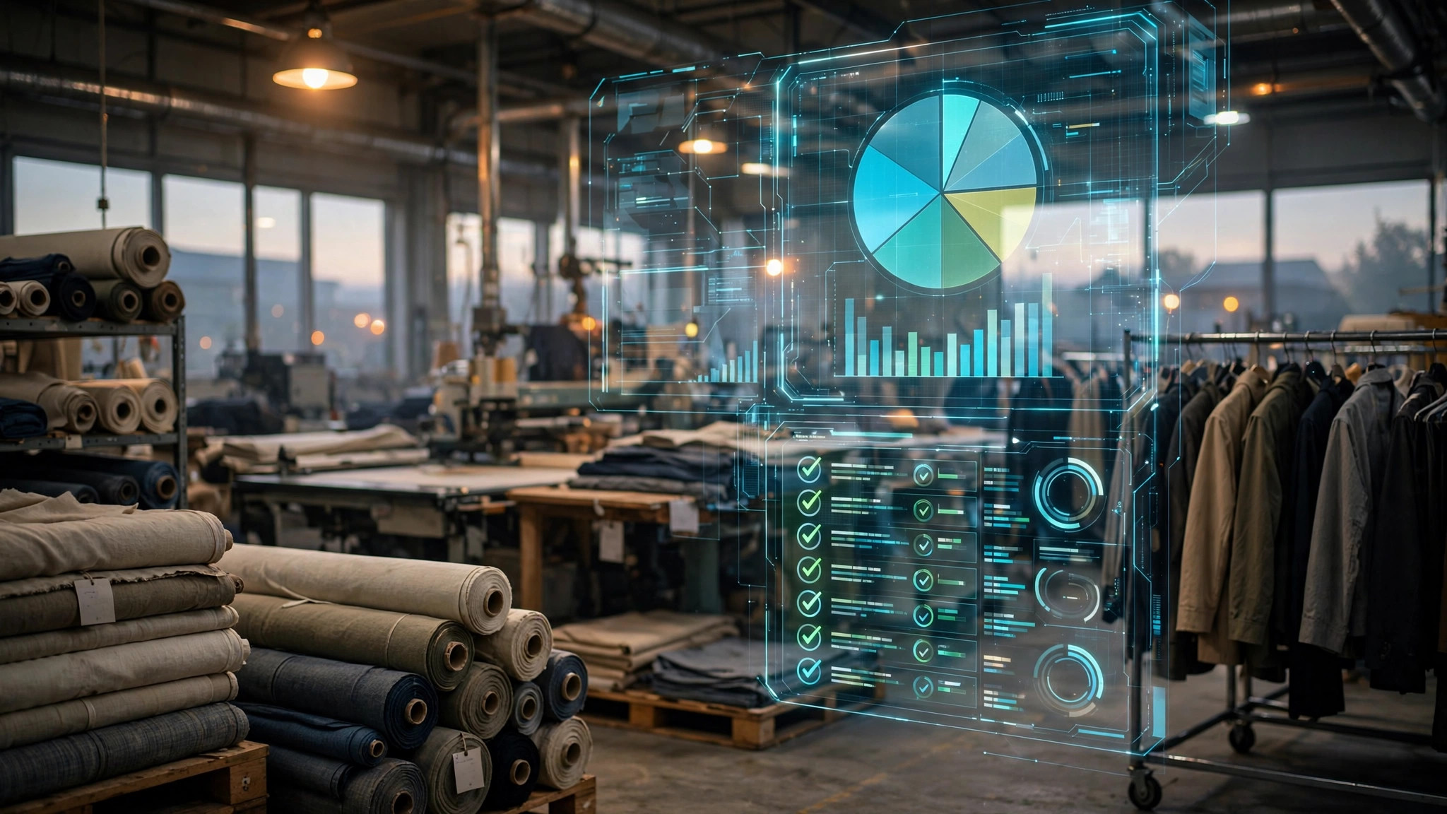 Garment factory cutting floor with compliance dashboard overlay showing fiber-composition data