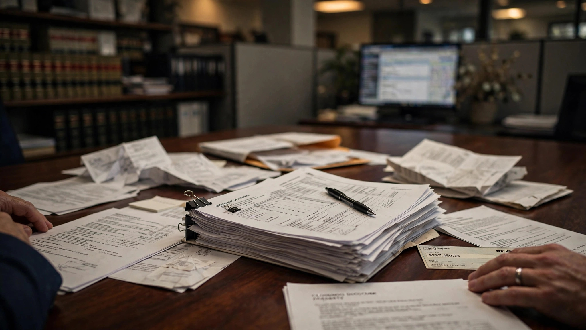 Real estate closing table with settlement documents, a check, and legal volumes in the background under warm overhead lighting