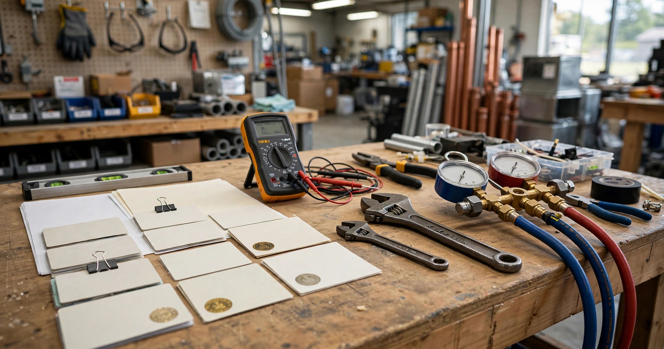Commercial electrical contractor workbench with organized trade licenses, CE certificates, and tools