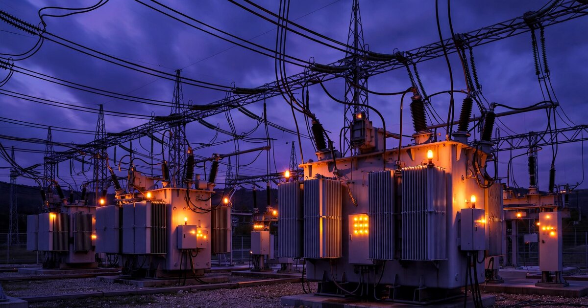 Power substation transformers at twilight with glowing indicator lights and high-voltage cables