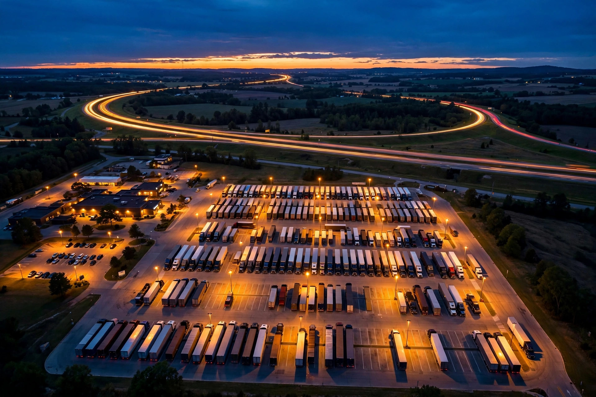 Aerial dusk view of a truck stop lot filled with parked semi-trucks under warm lot lights, highway light trails curving past
