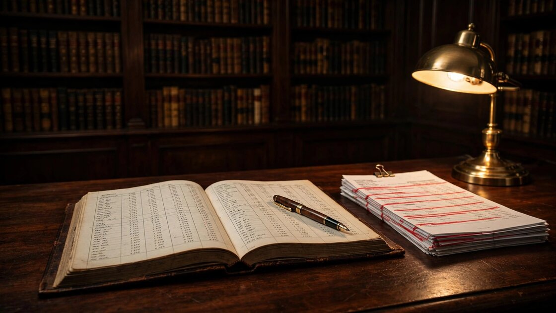 Lawyer's desk with leather ledger, bank statements, and brass lamp in dimly lit office