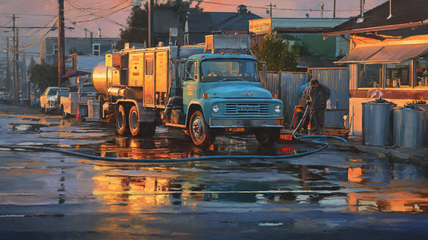 Used cooking oil collection truck parked behind restaurants at dawn, worker pumping golden oil from grease containers