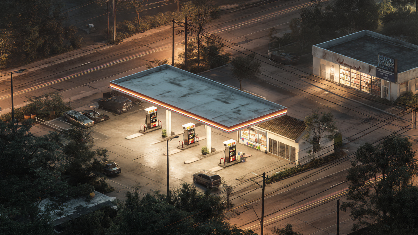 Independent gas station at dusk with underground storage tank access covers visible in the concrete forecourt