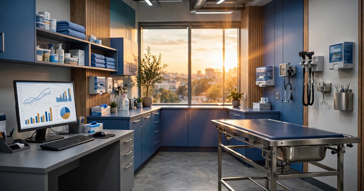 Modern veterinary clinic interior with warm lighting and medical equipment