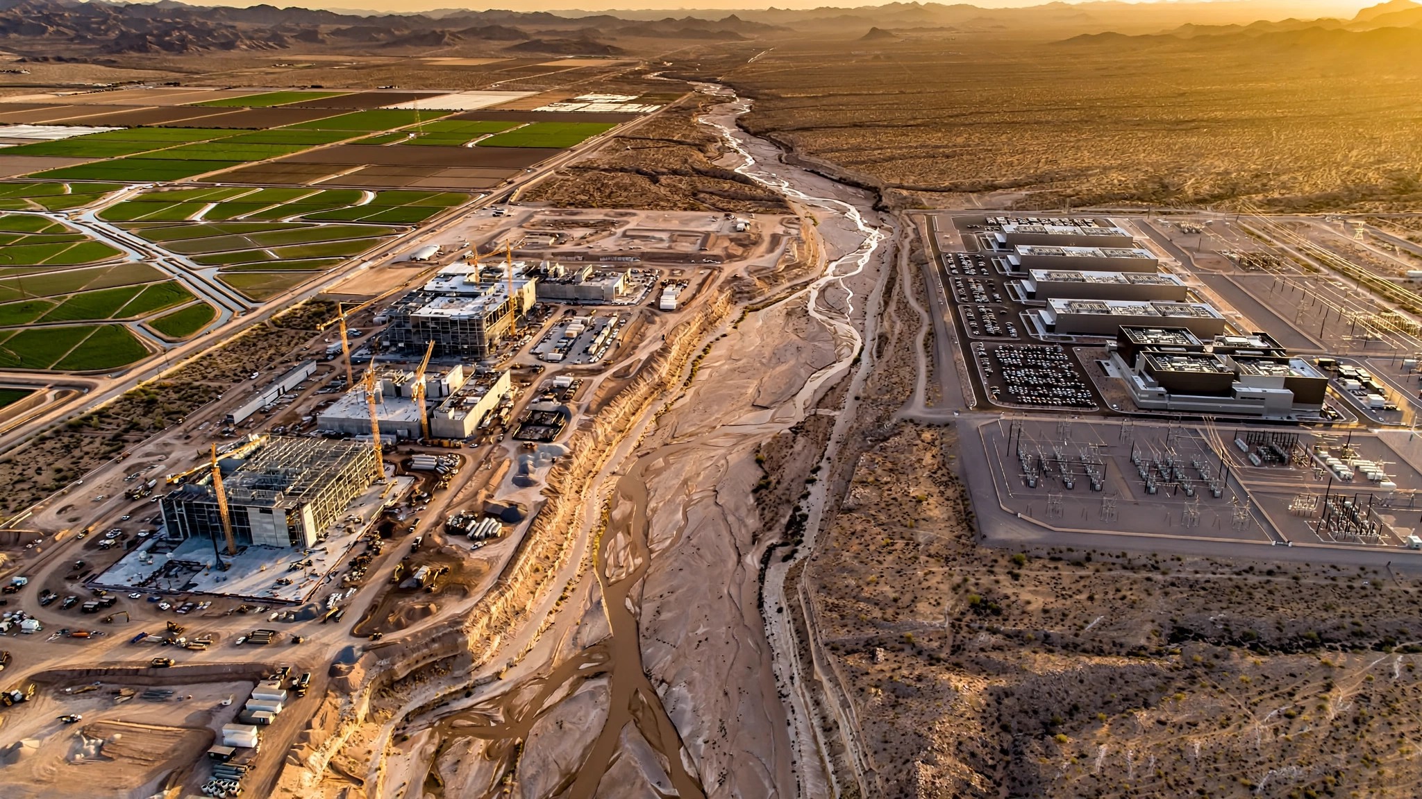 Aerial view of the American Southwest showing industrial facilities alongside a diminished river channel and agricultural irrigation canals