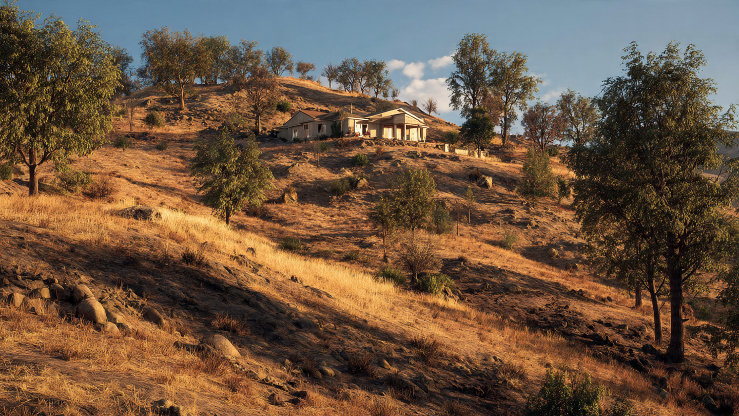 California hillside home with cleared defensible space buffer zone around the property
