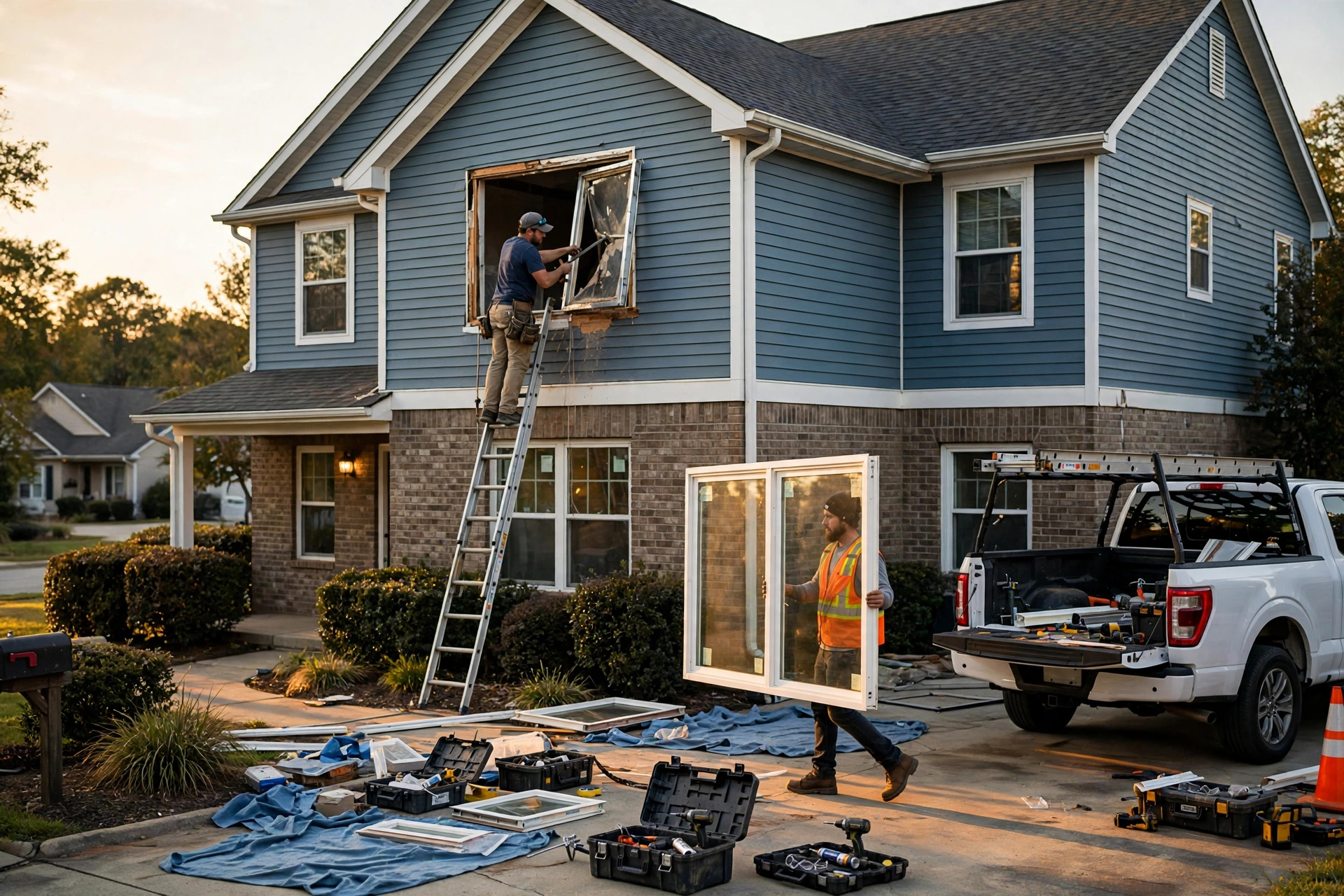 A window installation crew removing an old aluminum window and carrying a new white vinyl double-hung window toward a suburban two-story home at golden hour, with tools and a work truck in the driveway