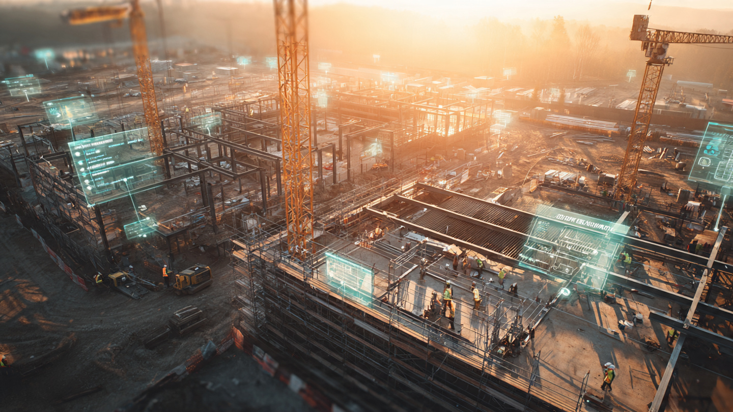 Construction site at golden hour with steel beams and cranes, workers in safety vests on scaffolding