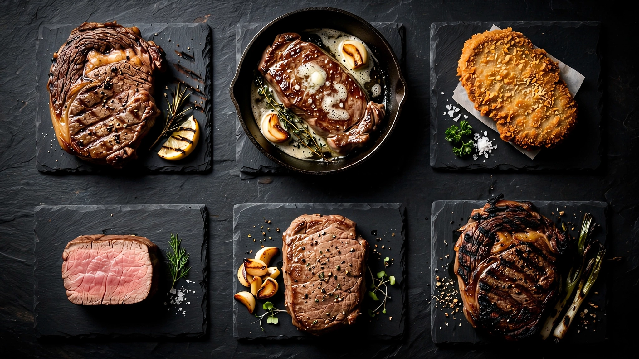 Six steaks prepared by different cooking methods arranged on a dark surface