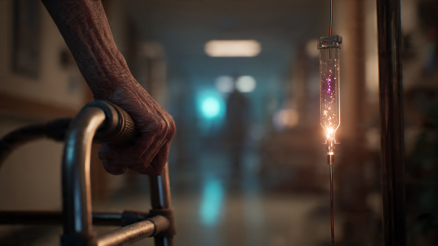 Elderly person walking in a hospital corridor with glowing stem cells flowing through an IV line