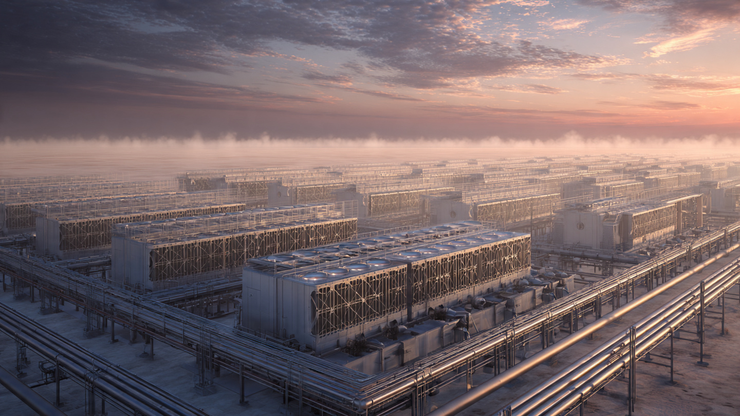 Massive industrial direct air capture facility stretching across a flat West Texas landscape under a blue sky, with rows of large fan arrays pulling CO2 from the atmosphere