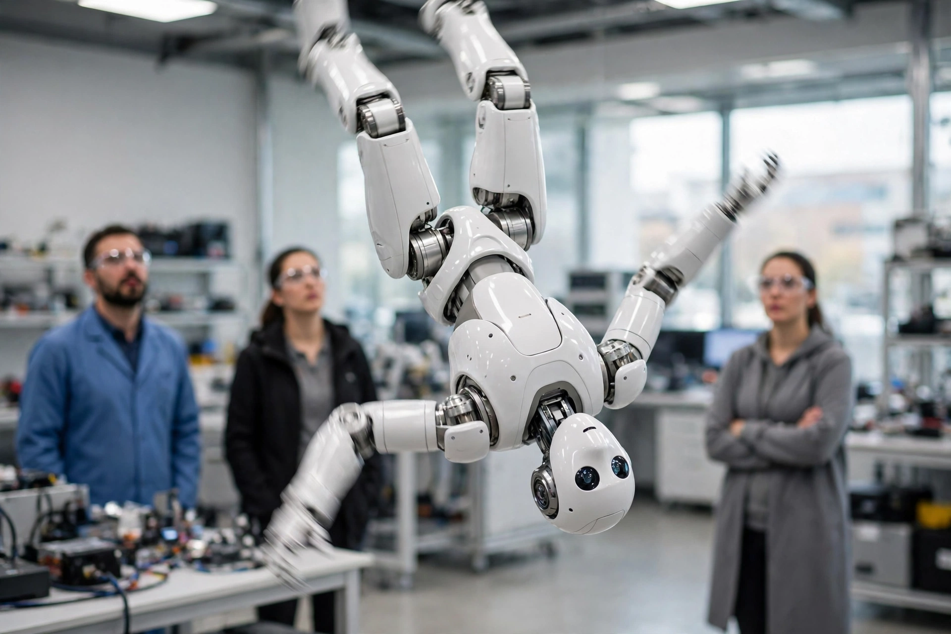 A white humanoid robot captured mid-backflip in a bright robotics laboratory, engineers watching in the background