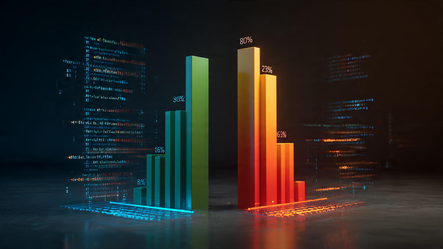 Split visualization showing two bar charts diverging sharply, representing the gap between benchmark scores and real-world AI coding performance