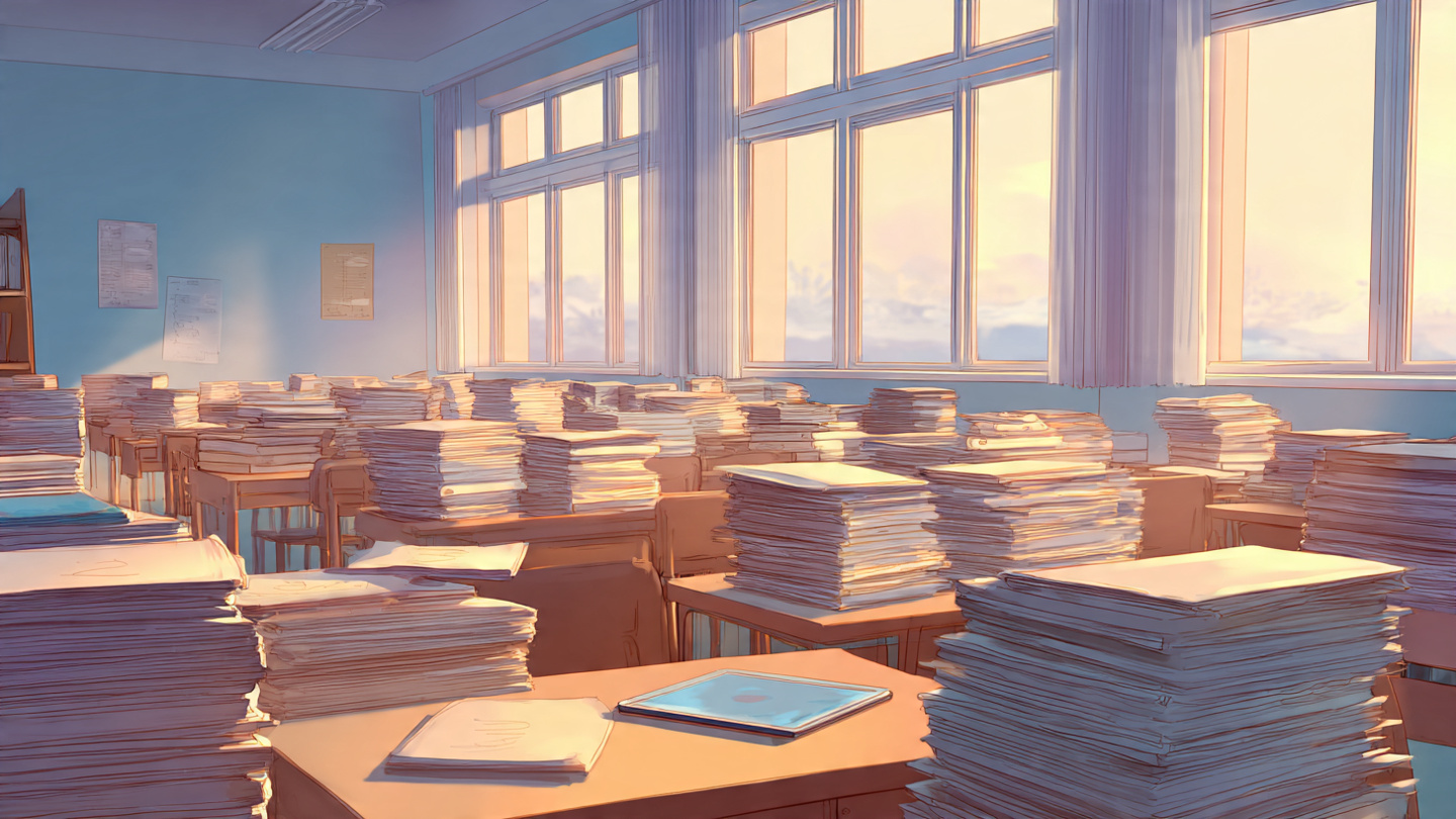 A bright Scandinavian classroom with stacks of printed textbooks on wooden desks, morning light streaming through tall windows, unused tablets pushed aside
