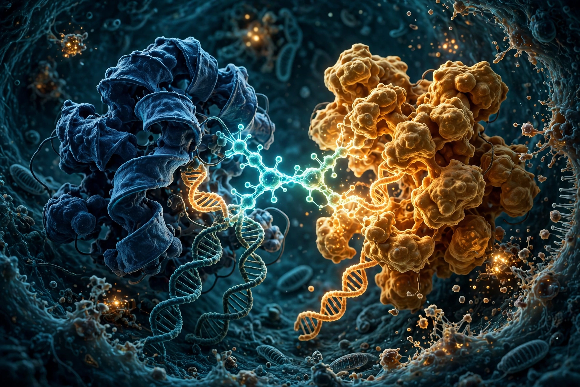 A glowing two-armed molecular structure bridging two proteins in a cell nucleus, one protein switching from dark suppression to bright activation, rendered in clinical blue and amber against a deep cellular backdrop