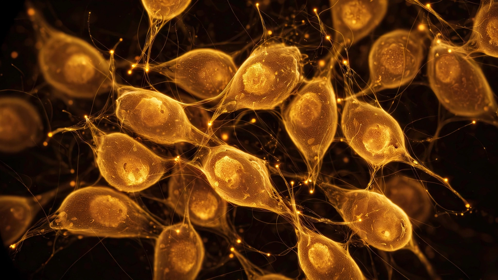 Microscopy view of glowing bone marrow stem cells in warm amber tones with faint telomere structures visible at chromosome ends