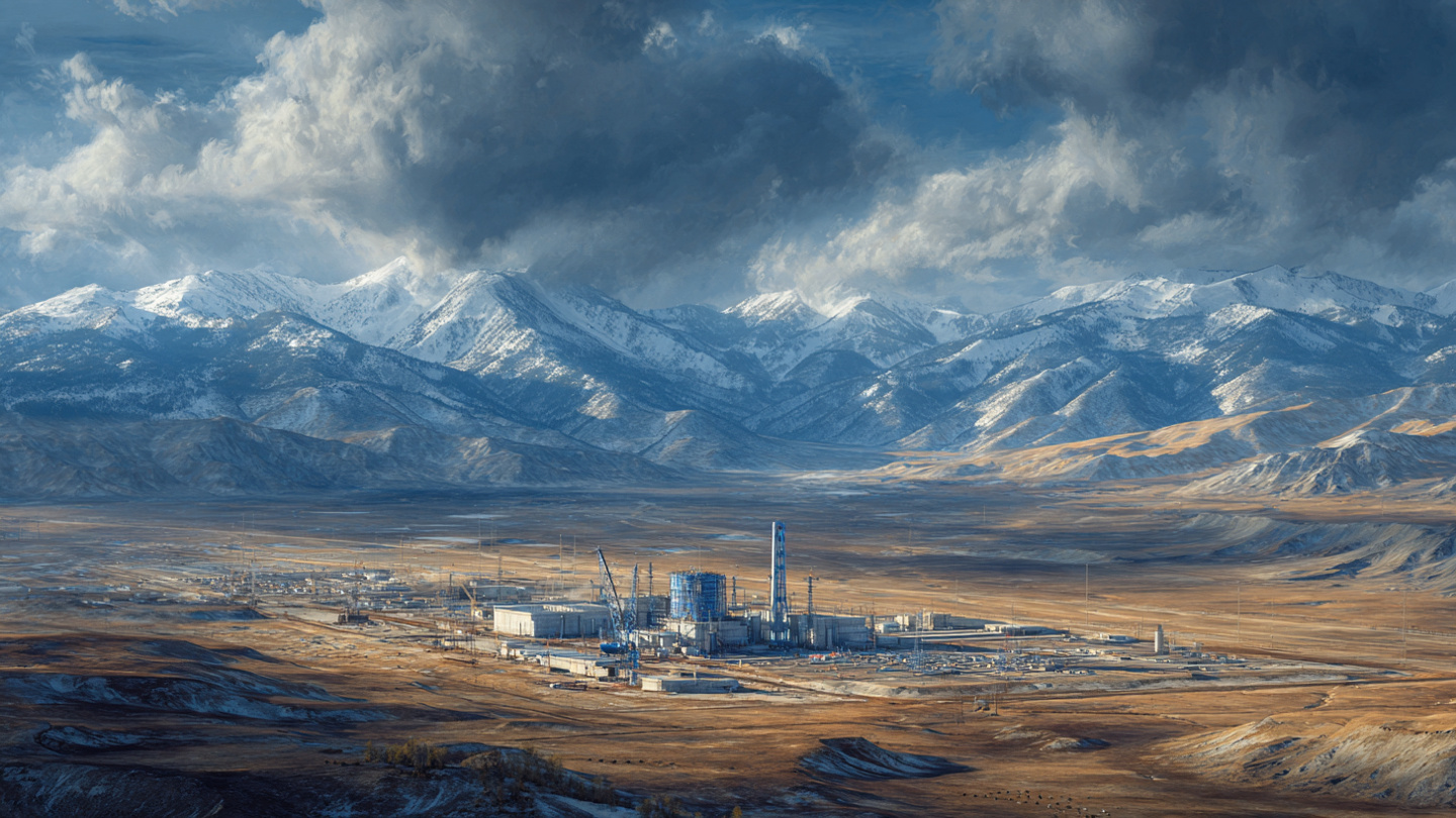 Aerial view of a nuclear construction site in Wyoming with cranes against a dramatic sky