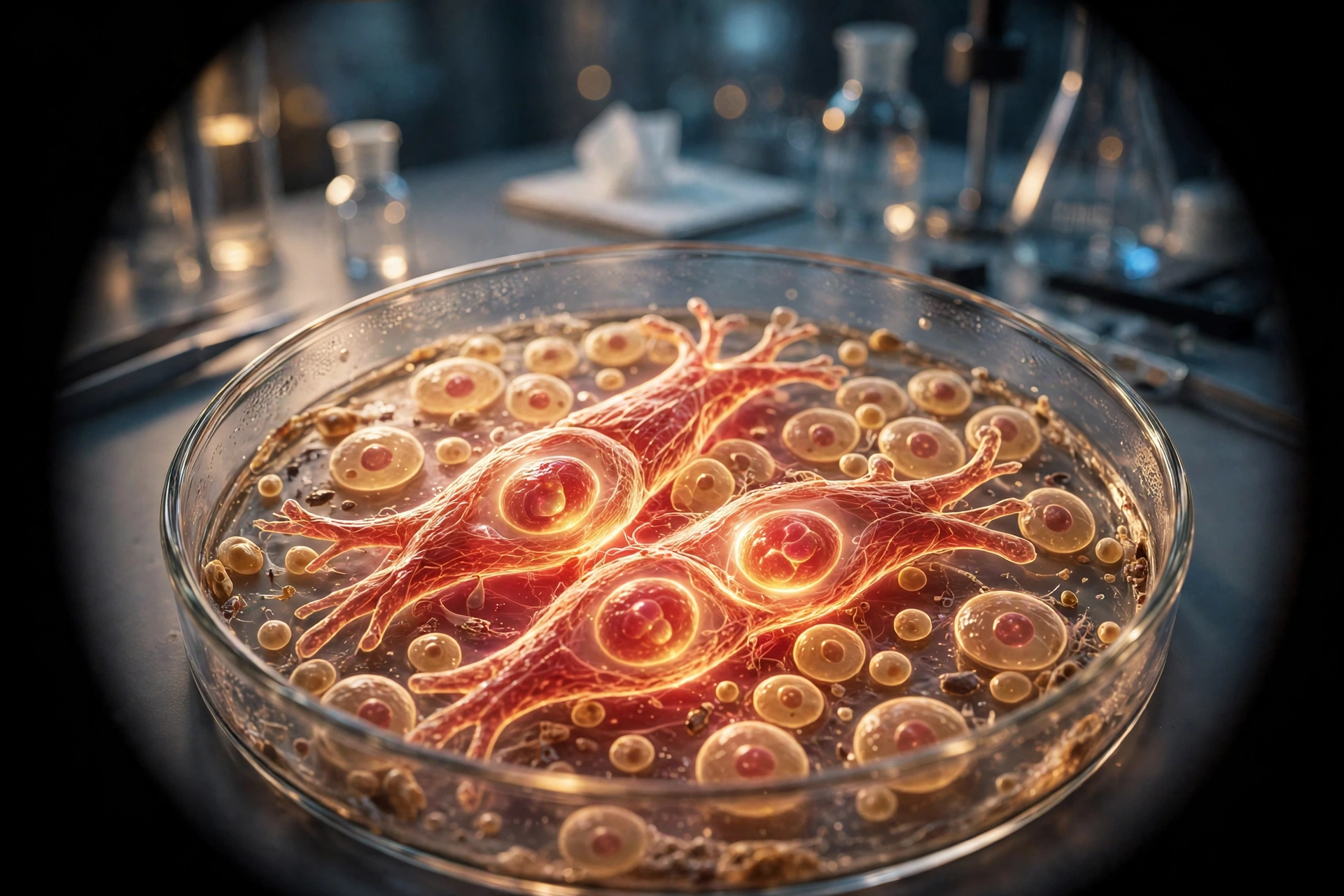 Glowing heart muscle cells in a petri dish under a microscope, larger mature cells with doubled nuclei among smaller immature cells, warm red and gold tones, no text
