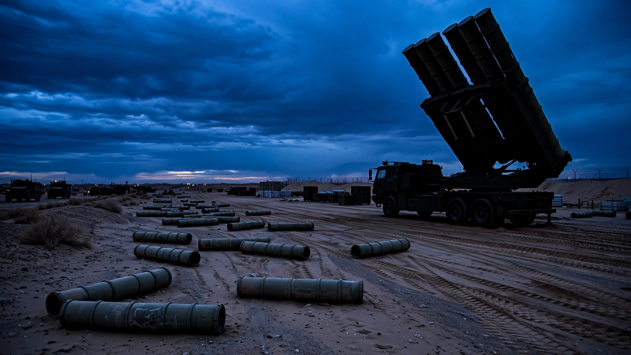 THAAD missile defense launcher against a twilight sky, with spent interceptor canisters in the foreground