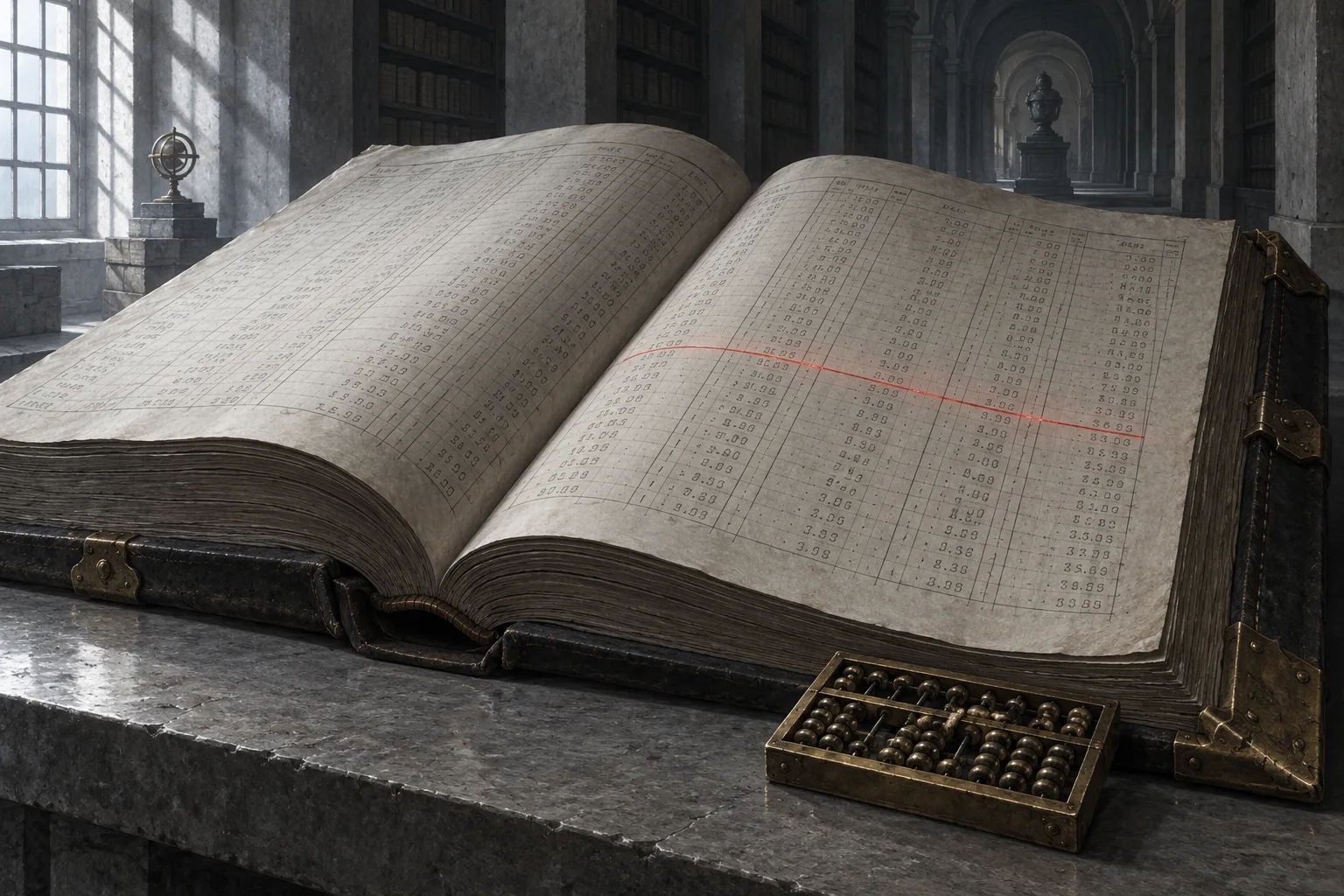A monumental open leather-and-brass ledger on a stone desk, columns of faded entries and a single red line, a brass abacus beside it, cold archival light