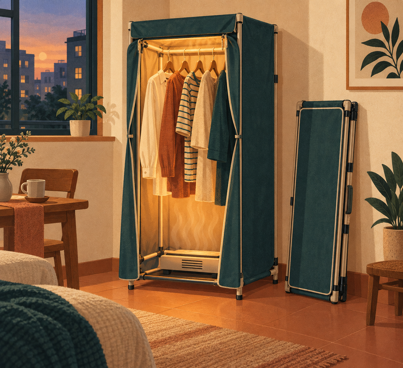 A small apartment interior with one folding heated drying cabinet open and glowing warm over hanging clothes, a second identical cabinet folded flat against the wall