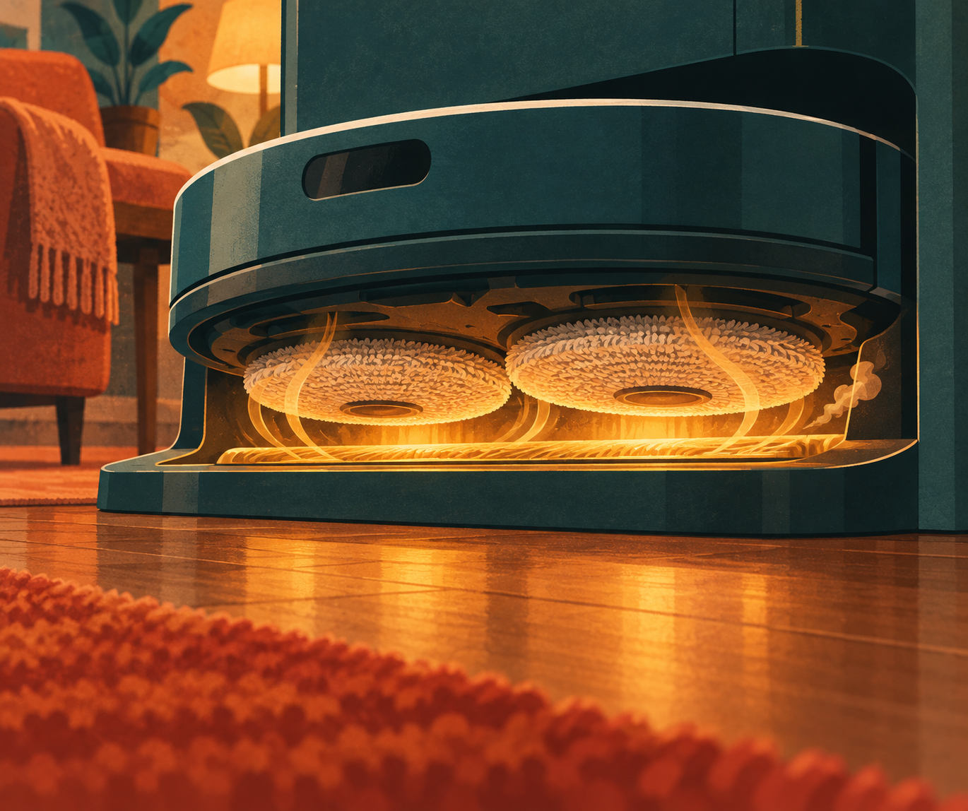 Close-up of a robot vacuum parked in its dock with two mop pads underneath being dried by rising shimmering warm-air waves