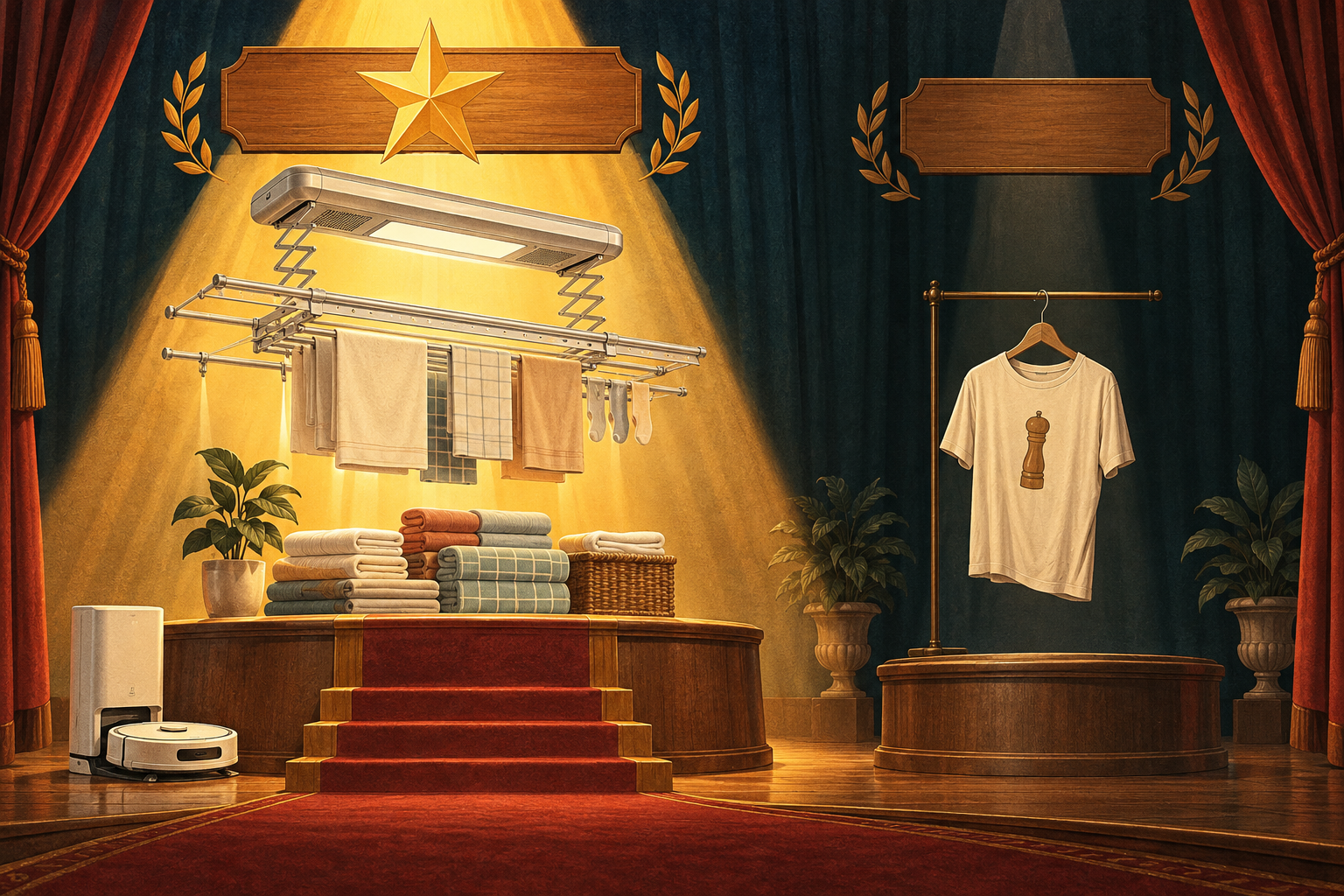 Two-panel awards stage: a triumphant ceiling laundry rack with folded towels and a robot dock under a bright gold spotlight and star, versus a lone t-shirt printed with a pepper-grinder doodle under a dimmer light